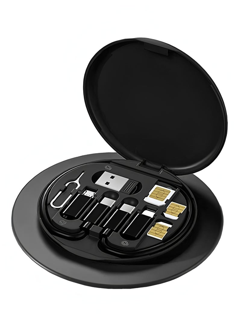 فليفيو صندوق تخزين تحويل كابل USB، محول كابل شحن متعدد الأنواع، أداة نقل بيانات دقيقة تحتوي على دبوس إخراج فتحة بطاقة SIM، يُستخدم أيضًا كحامل هاتف (أسود)  - Image 1