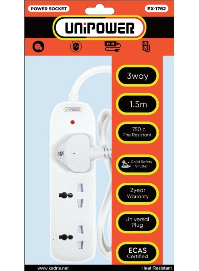 Unipower 3 in 1,Power Strips EX-1762 Extension Cord with 3 way Outlets, Universal Plug Adapter with Safety Shutters, Charging Socket with 1.5 meter Heat resistant Extension Cord (White) ESMA approved - Image 3