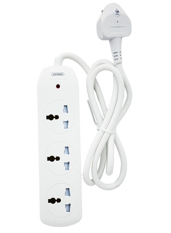 Unipower 3 in 1,Power Strips EX-1762 Extension Cord with 3 way Outlets, Universal Plug Adapter with Safety Shutters, Charging Socket with 1.5 meter Heat resistant Extension Cord (White) ESMA approved - Image 1