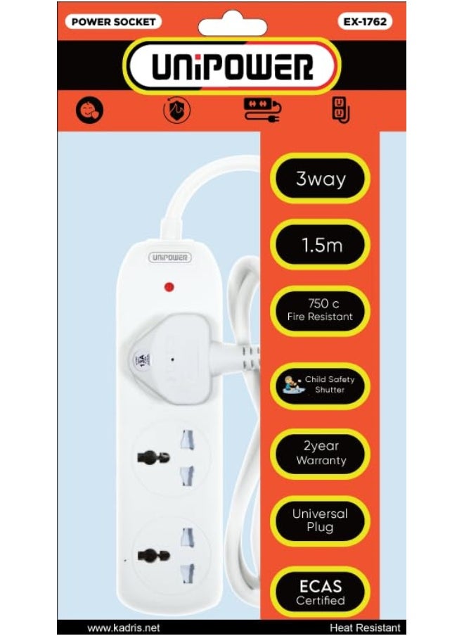 Unipower Unipower 3 in 1,Power Strips EX-1762 Extension Cord with 3 way Outlets, Universal Plug Adapter with Safety Shutters, Charging Socket with 1.5 meter Heat resistant Extension Cord (White) ESMA approved  - Image 2