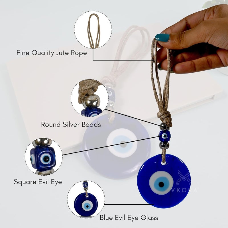 VKORA Glass Handmade Turkish Evil Eye Hanging with Silver Color Beads for Home Shop Office 6 CM Diameter - Image 3