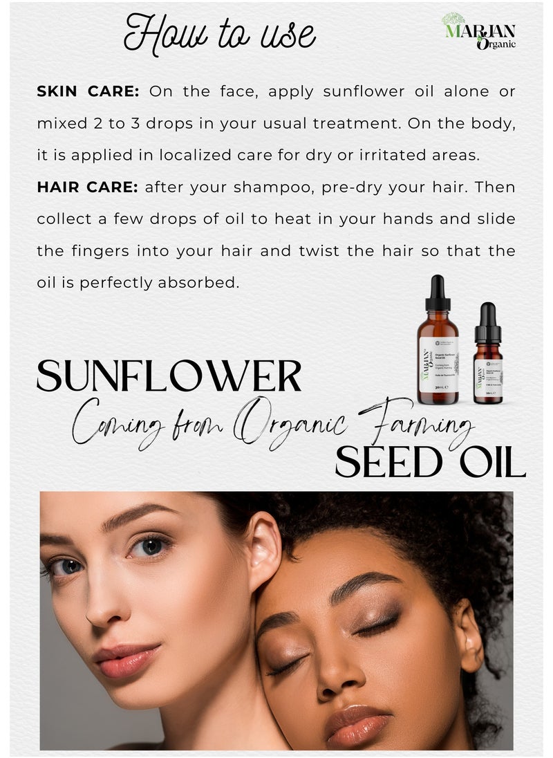MARJAN ORGANIC Sunflower Seed Oil 30ml - 100% Pure, Virgin & Natural - Certified Organic by the Soil Association - Cold Pressed, Unrefined & chemical-free - Carrier Oil For DIY Beauty, Moisturizer Face, Skin & Hair  - Image 2