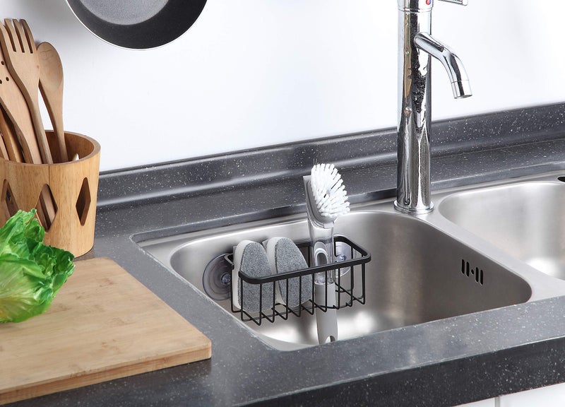 SunnyPoint NeverRust Deluxe Kitchen & Bathroom Sink Sponge Holder Organizer with Adhesive Mount - Additional Suction Cup Included – Sponge & Brush NOT Included – 7.4 x 3.3 x 2.75 Inch, BLK - Image 2