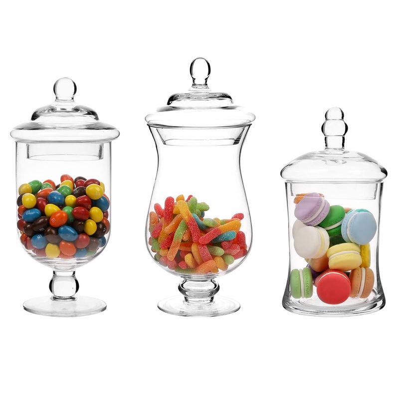 MyGift Clear Glass Apothecary Jars with Lid Decorative Footed Vase Candy Buffet Containers Set of 3