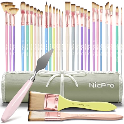 Nicpro 30pcs Paint Brush Set Aesthetic Pastel Paintbrushes with Paint Spatula and Cloth Roll Craft Paint Brushes for Acrylic Painting Oil Watercolor Gouache Art Supplies for Women Artists Beginners - Image 1