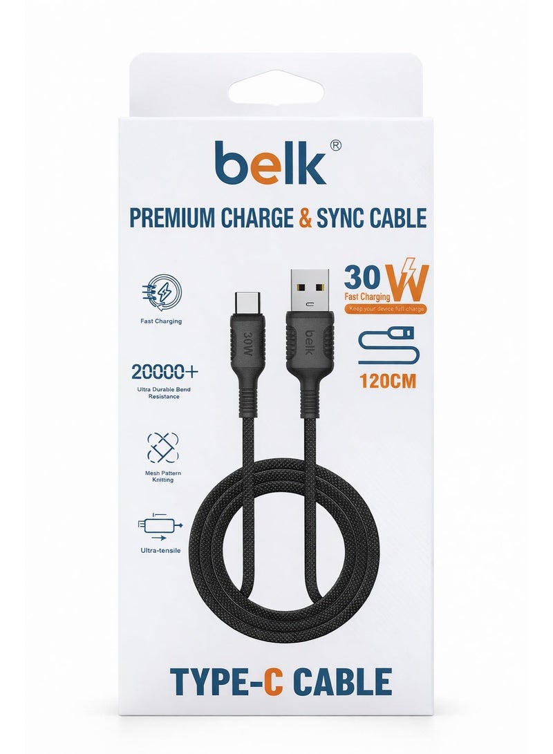 بيلك كابل belk من USB-A إلى Type-C للشحن السريع 30 واط، بطول 120 سم، نايلون مضفر، نقل بيانات 480 ميجابت/ث - Image 2