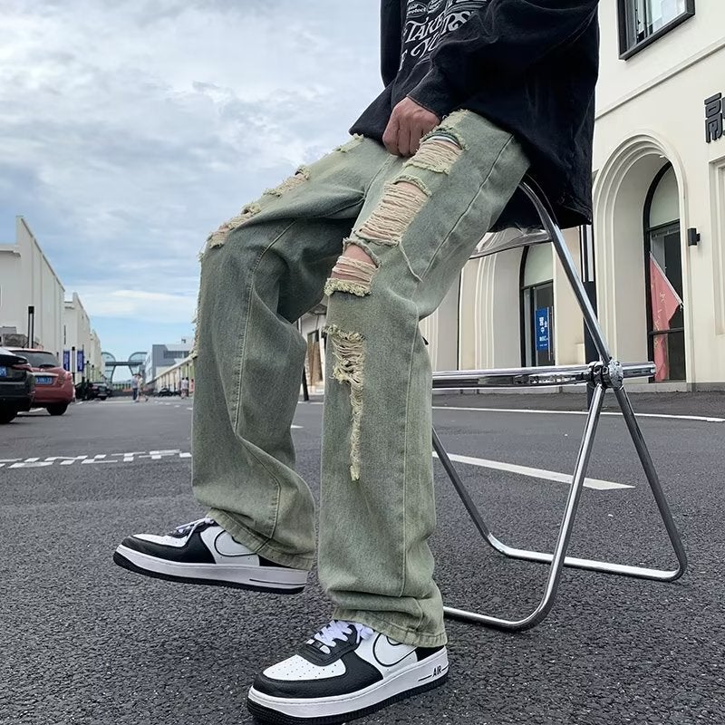 American Yellow Mud-Dyed Retro Washed Jeans For Men In Summer Loose High Street Handsome Straight Casual Long Pants For Boys - Image 5