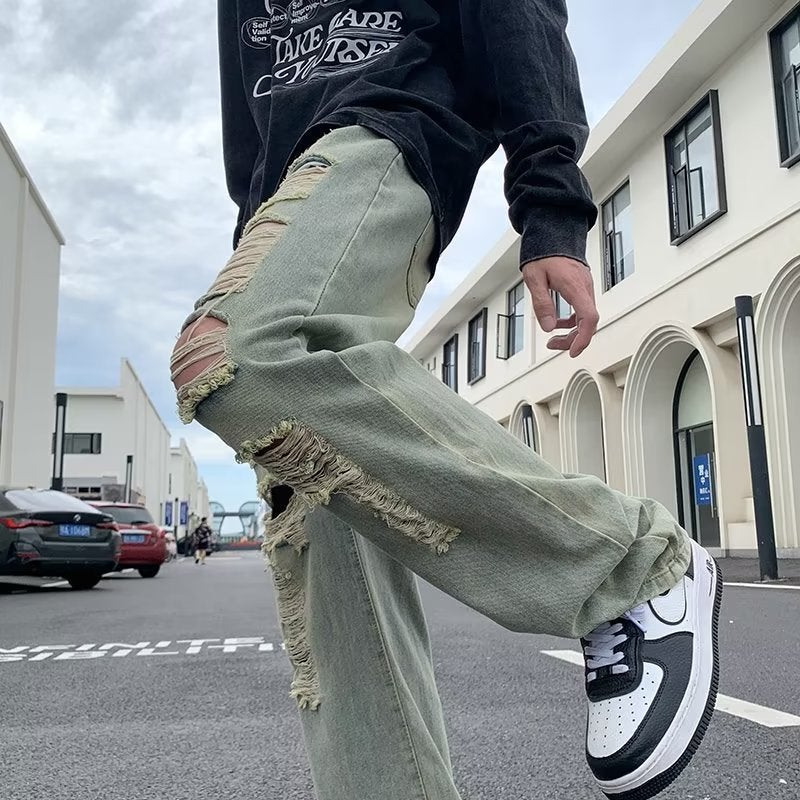 American Yellow Mud-Dyed Retro Washed Jeans For Men In Summer Loose High Street Handsome Straight Casual Long Pants For Boys - Image 4