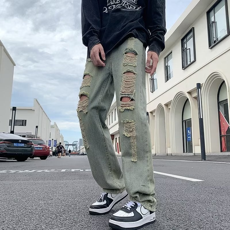 American Yellow Mud-Dyed Retro Washed Jeans For Men In Summer Loose High Street Handsome Straight Casual Long Pants For Boys - Image 2