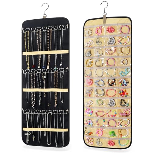 Xosjska 2 Pack Hanging Jewelry Organizer Storage with 48 Pockets and Hooks Dual-Sided Hanging Jewelry Organizers and Storage Hang on Closet, Wall, Door for Earrings, Necklaces, Rings,Blcak - Image 2