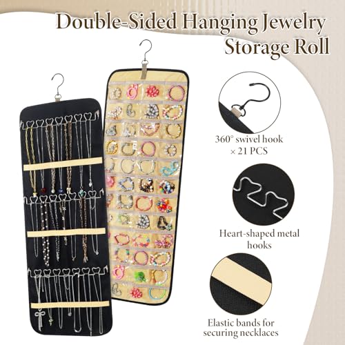 Xosjska 2 Pack Hanging Jewelry Organizer Storage with 48 Pockets and Hooks Dual-Sided Hanging Jewelry Organizers and Storage Hang on Closet, Wall, Door for Earrings, Necklaces, Rings,Blcak - Image 5