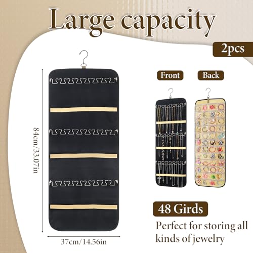 Xosjska 2 Pack Hanging Jewelry Organizer Storage with 48 Pockets and Hooks Dual-Sided Hanging Jewelry Organizers and Storage Hang on Closet, Wall, Door for Earrings, Necklaces, Rings,Blcak - Image 3