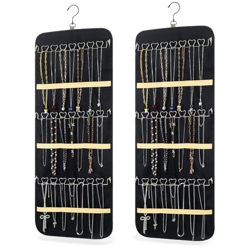 Xosjska 2 Pack Hanging Jewelry Organizer Storage with 48 Pockets and Hooks Dual-Sided Hanging Jewelry Organizers and Storage Hang on Closet, Wall, Door for Earrings, Necklaces, Rings,Blcak - Image 1