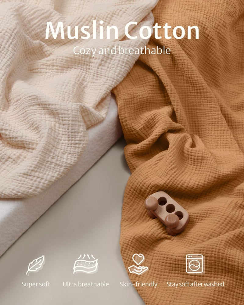 Blissful Diary شراشف سرير موسلين مريحة لمهد الأطفال للبنات والأولاد، قطن ناعم بوهيمي مناسب للمراتب البيضاوية وساعة الرمل والمستطيلة، عبوة 2 (أصفر قديم وبيج) - Image 2