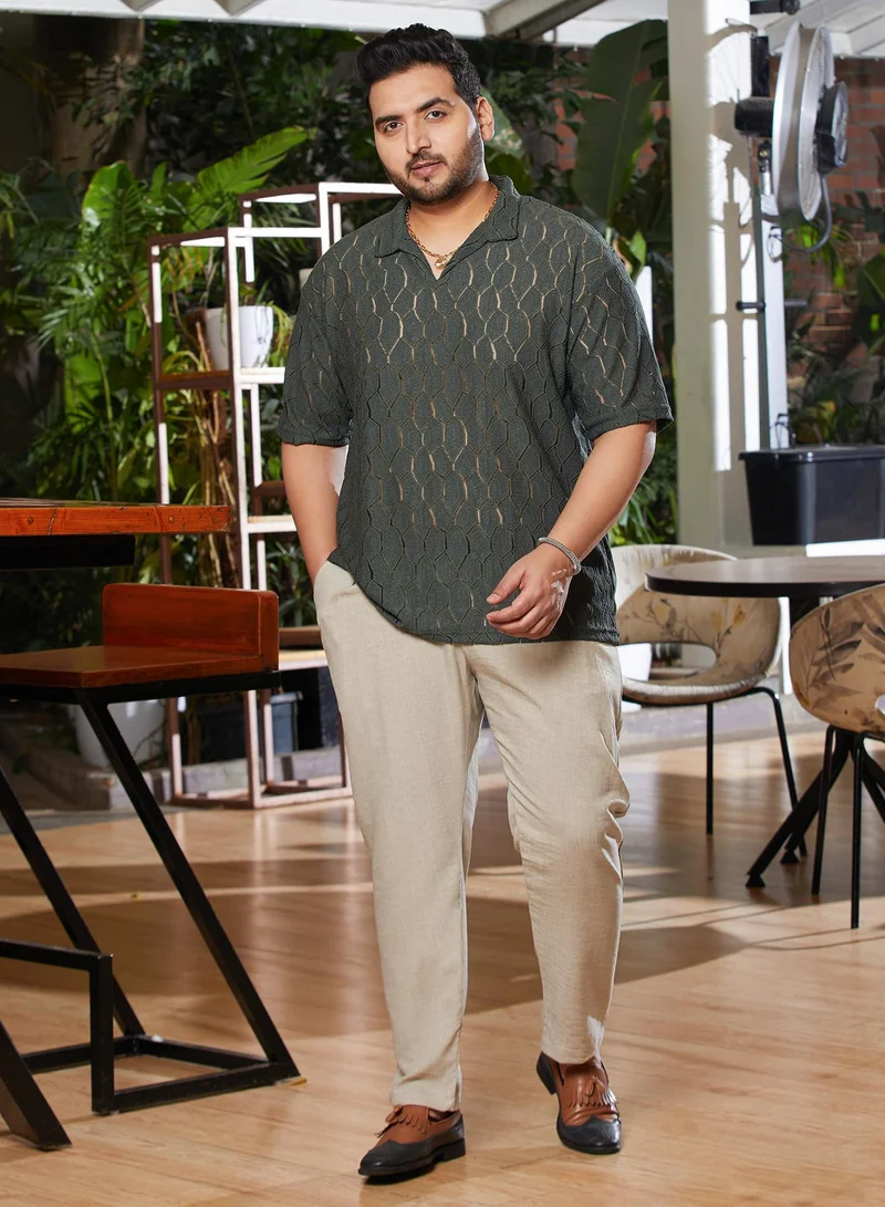 Instafab Plus  Men's Juniper Green Honeycomb-Knit Polo T-Shirt for Men | Best Price UAE