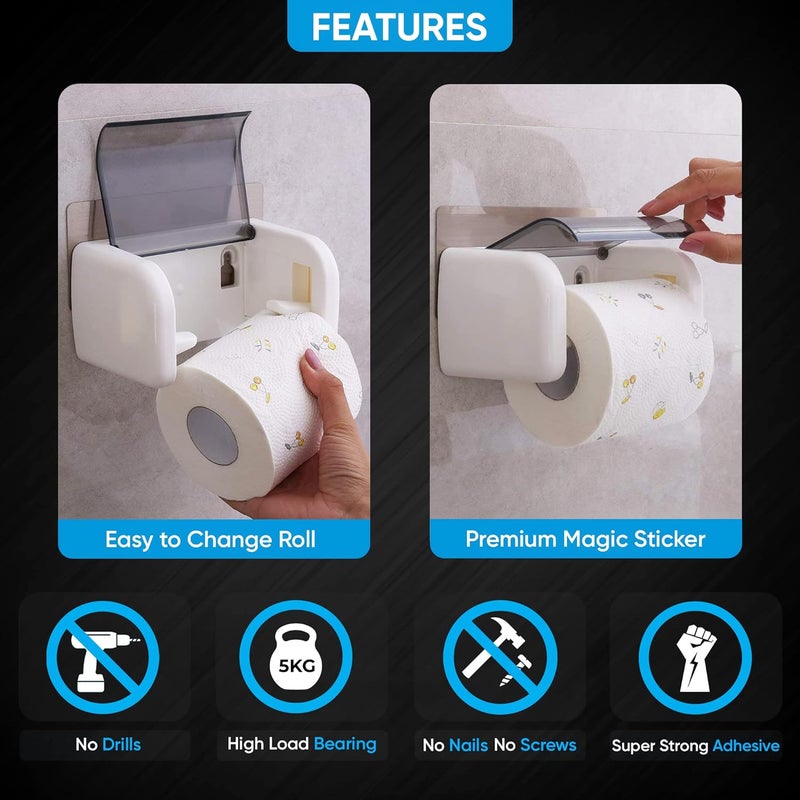 FABWARE Toilet Paper Holder for Bathroom ACCESORIES Bathroom Organiser Tissue Paper Holder ABS Plastic SELF Adhesive Toilet Paper Holder with Cover - Image 2