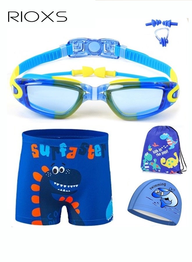 Boys' Swimming Set,Short Swim Trunks And Swim Cap,Anti-Fog Wide View Swimming Goggles With Nose Clip Ear Plugs Goggle Case,Complete Swimwear Kit For Little Kids Boys 3-15 Beach Pool Hawaii