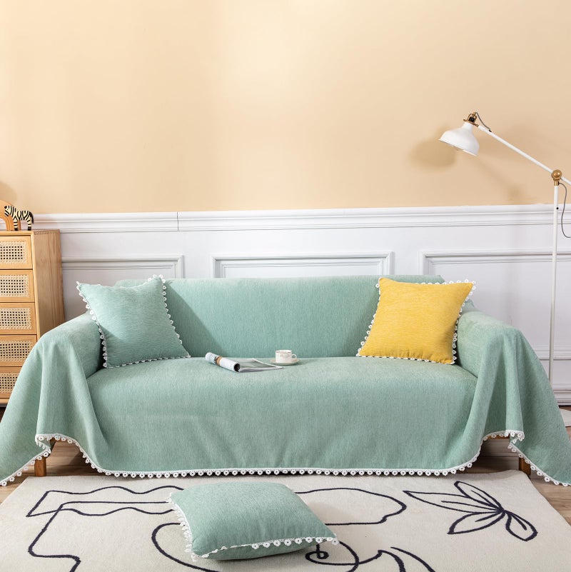 HANDONTIME Cute Sofa Covers Light Green Couch Covers for 3 Cushion Couch Sofa with White Daisy Lace Green Sofa Slipcovers Chenille Couch Cover for Dogs Sectional Sofa L Shape Futon Cover 71 X118