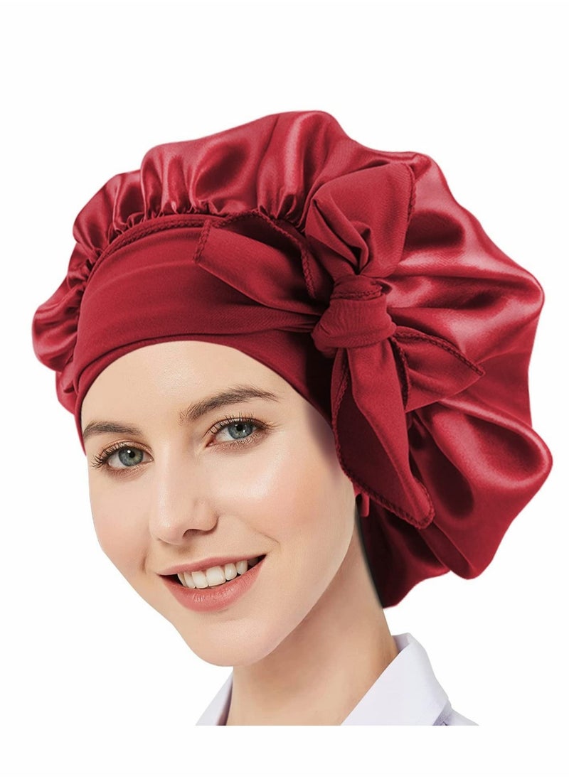 Captaintech Silk Bonnet, Satin Hair Tie Bonnet,Jumbo Curly Hair Silky Bonnet, Soft Head Scarf Wrap Hair Bonnet with Tie Band, Adjustable Braids Bonnet Sleep Cap for Long Curly Hair (Red)  - Image 1