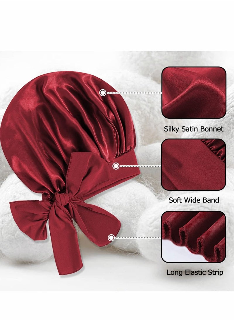 Captaintech Silk Bonnet, Satin Hair Tie Bonnet,Jumbo Curly Hair Silky Bonnet, Soft Head Scarf Wrap Hair Bonnet with Tie Band, Adjustable Braids Bonnet Sleep Cap for Long Curly Hair (Red)  - Image 2