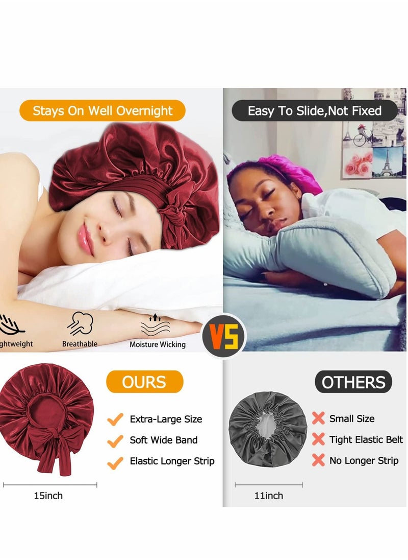 Captaintech Silk Bonnet, Satin Hair Tie Bonnet,Jumbo Curly Hair Silky Bonnet, Soft Head Scarf Wrap Hair Bonnet with Tie Band, Adjustable Braids Bonnet Sleep Cap for Long Curly Hair (Red)  - Image 3