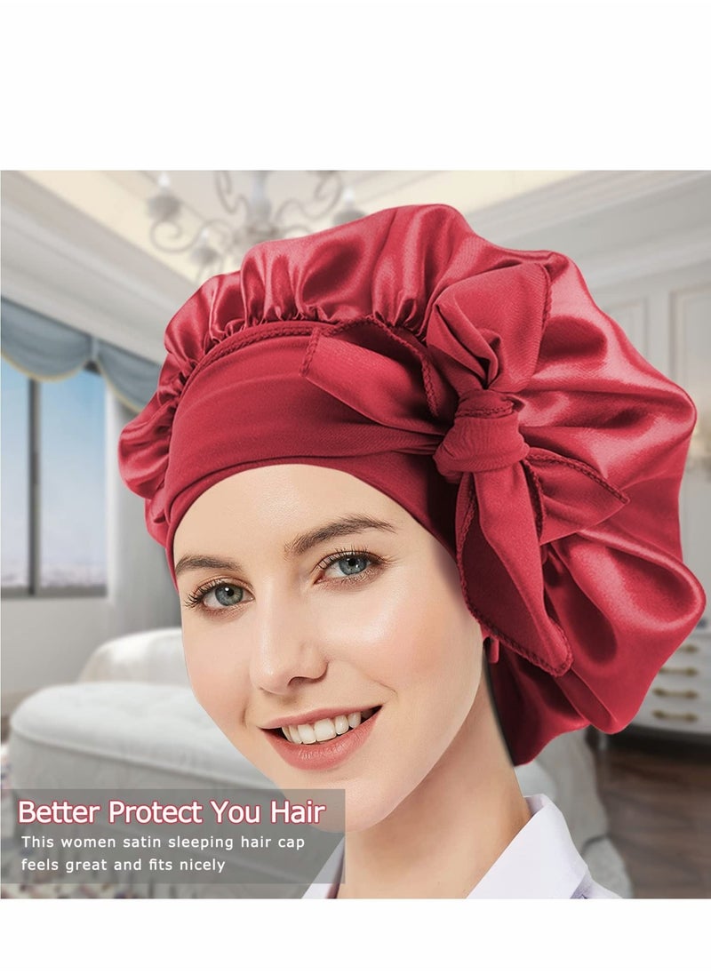 Captaintech Silk Bonnet, Satin Hair Tie Bonnet,Jumbo Curly Hair Silky Bonnet, Soft Head Scarf Wrap Hair Bonnet with Tie Band, Adjustable Braids Bonnet Sleep Cap for Long Curly Hair (Red)  - Image 4