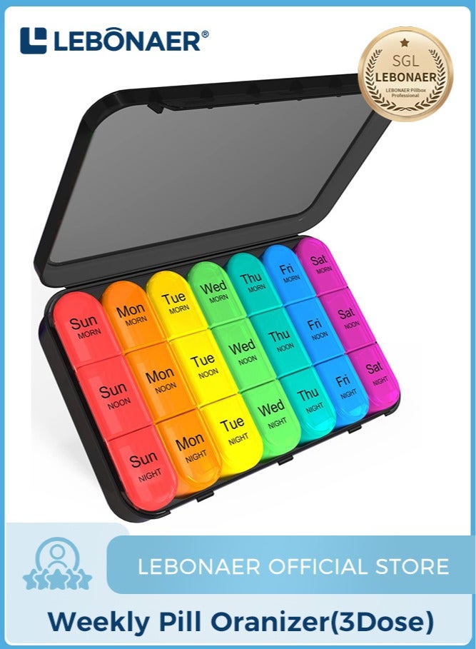 lebonaer Portable Travel Medicine Organizer 3 Time 7 Day, Light Proof Pill Organizer, Large Capacity Pill Box 21x, Weekly Daily Medicine Box Case, Vitamin Box Organizer (Clear Rainbow) - Image 1