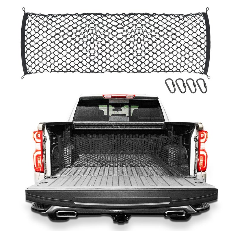 شبكة حمولة سرير الشاحنة MARCHFA متوافقة مع 20132021 2022 2023 2024 ملحقات GMC Sierra لسيارة Chevy Silverado شبكة تخزين مزدوجة