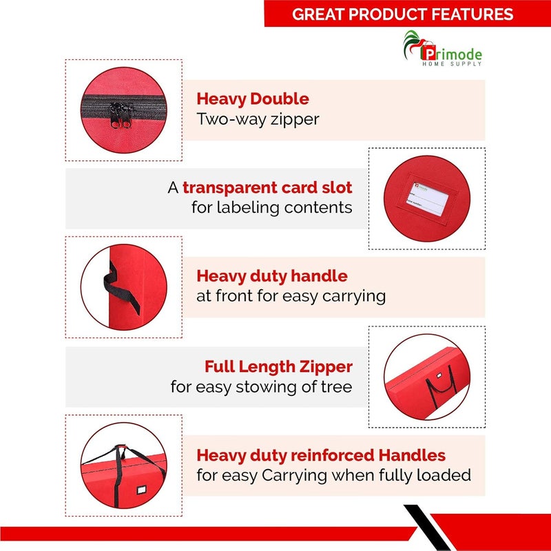 Primode Heavy Duty Christmas Tree Storage Bag | Fits Up to 7-8 Ft. Disassembled Holiday Tree | 50” x 15” x 20” Tree Storage Container | Durable 600D Oxford Material | Xmas Storage Box (Red) - Image 2