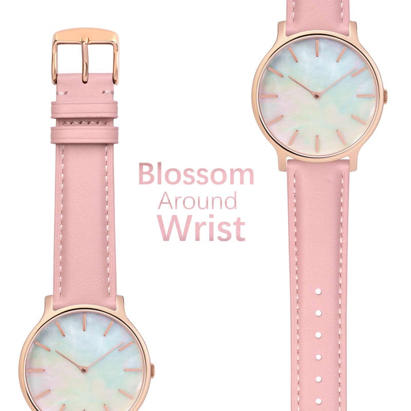 WOCCI 22mm Flower Watch Band for Women, Genuine Leather, Quick Release Strap, Rose Gold Buckle (Pink) - Image 3