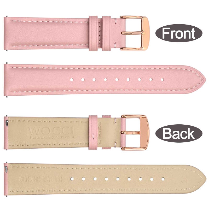 WOCCI 22mm Flower Watch Band for Women, Genuine Leather, Quick Release Strap, Rose Gold Buckle (Pink) - Image 4