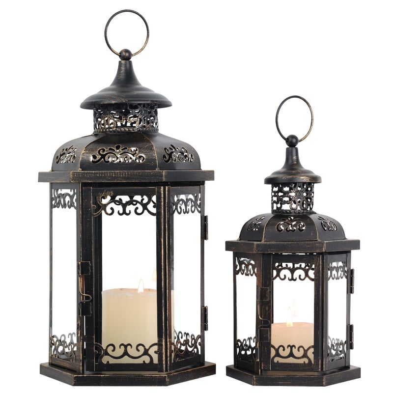 DECORKEY Large Lantern Decorative Outdoor Indoor Set of 2 1511 Metal Candle Lanterns Decor Vintage Hanging Candle Holder for Front Porch Patio Wedding Farmhouse Home Spring Decoration