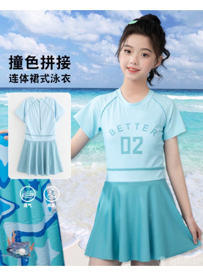 Bumblebee girls One-piece Swimsuit Parent-child Style Hot Springs Square-cut Dress With Short Sleeves And Skirt - Image 1