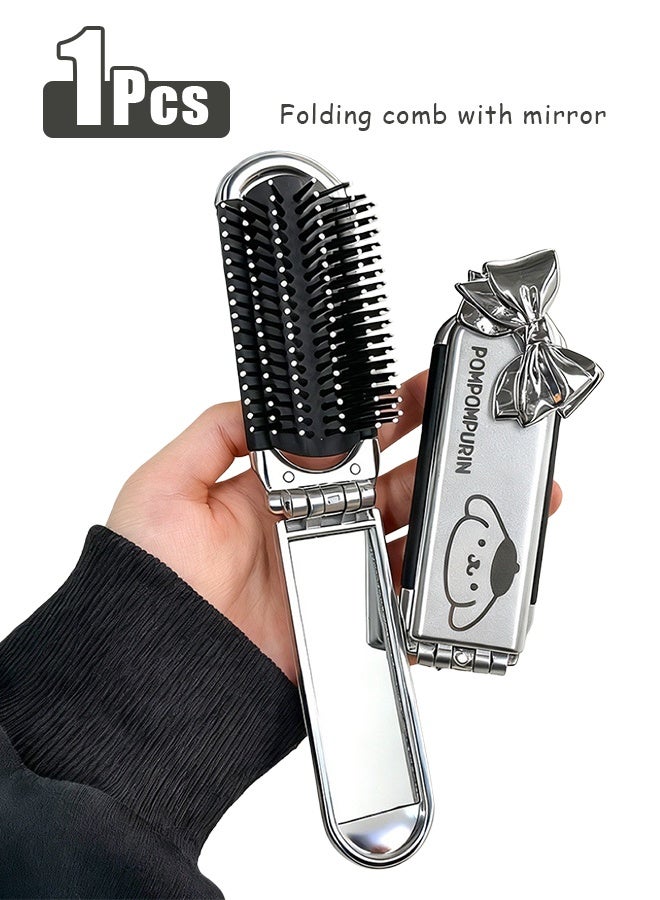 Folding comb with mirror - travel massage comb - portable comb - pocket-sized hair styling tool travel comb (Pudding Dog Silver) - Image 1