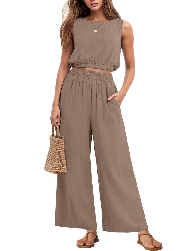 GRECERELLE Two Piece Sets for Women Sleeveless Crop Top Wide Leg Pants Travel Outfits for Women 2025 Khaki-M