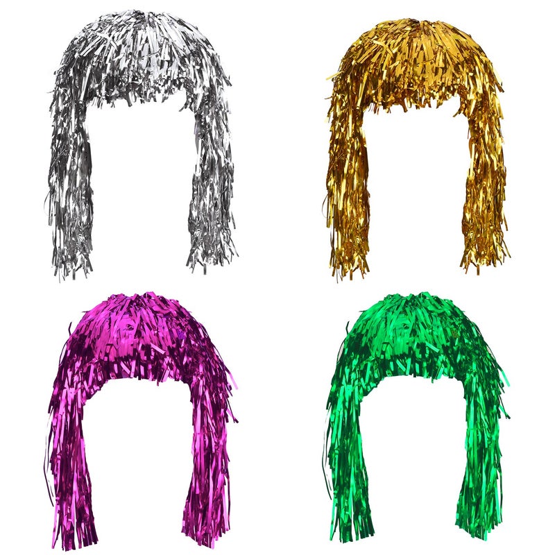 Sumind 4 Pieces Foil Tinsel Wigs Fancy Dress Shiny Party Wig Adults Metallic Cosplay Supplies Gold Silver Green and Pink