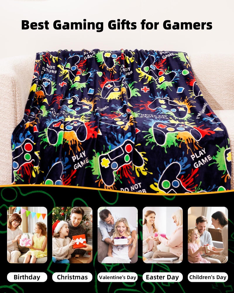NuKuNsKf Gaming Gifts for Gamer Glow in The Dark Blanket: Cool Birthday Glowing Presents Toys for Video Game PC Gamers Men Teen Boys Kids Adults Girls Valentines Easter Christmas Ideas Throw Navy Blue 60x50 In - Image 2
