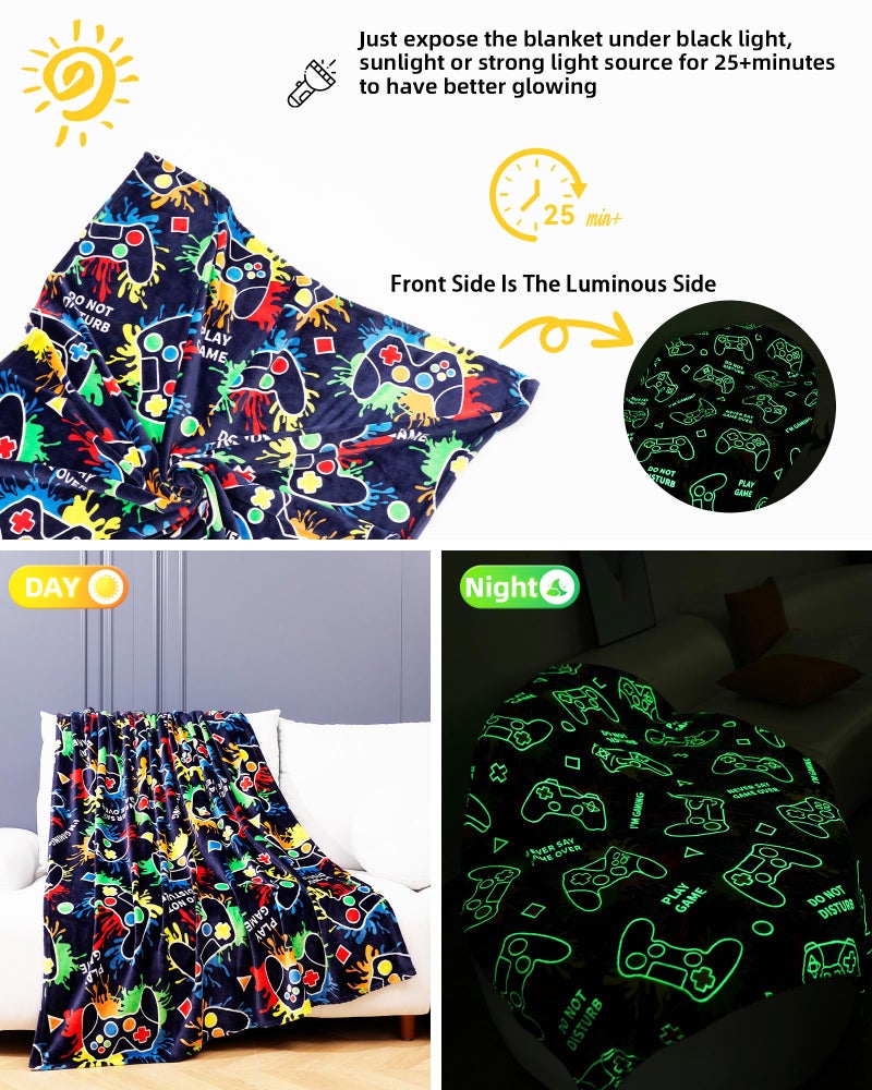 NuKuNsKf Gaming Gifts for Gamer Glow in The Dark Blanket: Cool Birthday Glowing Presents Toys for Video Game PC Gamers Men Teen Boys Kids Adults Girls Valentines Easter Christmas Ideas Throw Navy Blue 60x50 In - Image 3