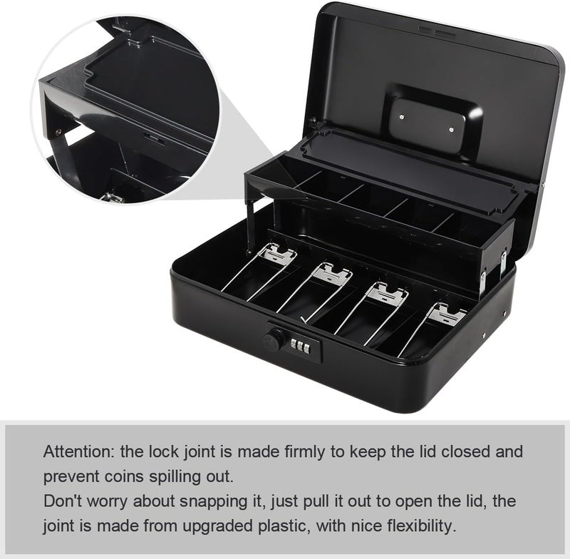 Jssmst Locking Metal Cash Box with Coin Lid, 11.8L x 9.5W x 3.5H Inches, Safe Money Box with Combination Lock, Black, SM-CB0512B - Image 4