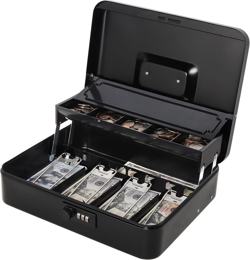 Jssmst Locking Metal Cash Box with Coin Lid, 11.8L x 9.5W x 3.5H Inches, Safe Money Box with Combination Lock, Black, SM-CB0512B - Image 1