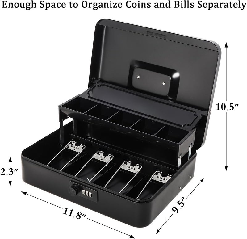 Jssmst Locking Metal Cash Box with Coin Lid, 11.8L x 9.5W x 3.5H Inches, Safe Money Box with Combination Lock, Black, SM-CB0512B - Image 2