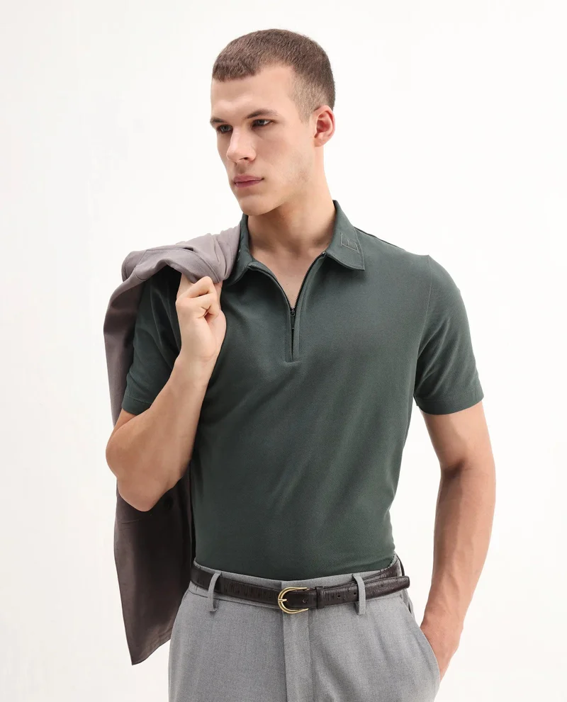 Rare Rabbit Men's Embroidered Collar Zipper Polo