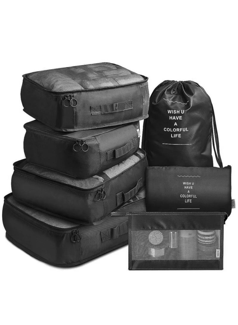 منظم السفر - مجموعة من 7 حقائب سفر محمولة قابلة لإعادة الاستخدام لتنظيم الحقائب وحقيبة التخزين وحقيبة الضغط وحقيبة السفر بسحاب (أسود) - Image 1