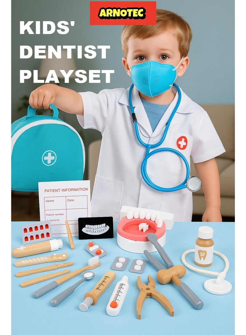 ARNOTEC Doctor Kit for Kids – 23 PCS Pretend Play Medical & Dentist Toy Set with Wooden Tools, Stethoscope, Teeth Model, Syringe, Thermometer, Pill Bottles – Educational Role Play Toy for Toddlers & Boys Girls Ages 3+ - Image 2