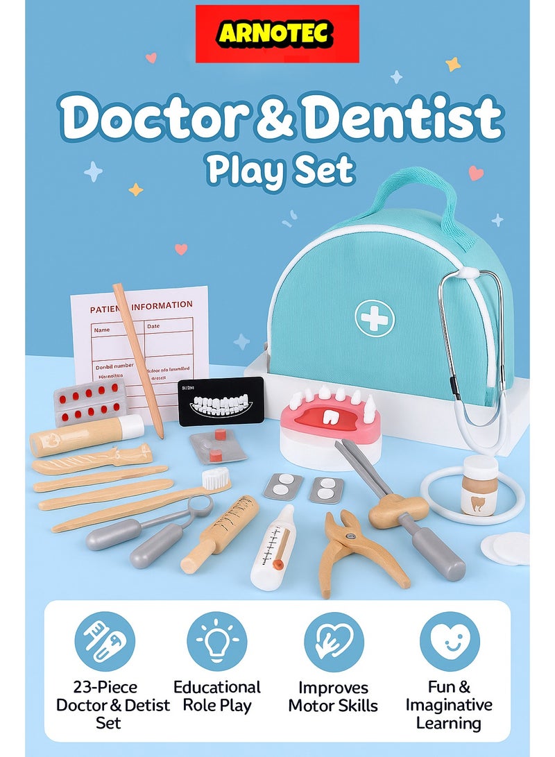 ARNOTEC Doctor Kit for Kids – 23 PCS Pretend Play Medical & Dentist Toy Set with Wooden Tools, Stethoscope, Teeth Model, Syringe, Thermometer, Pill Bottles – Educational Role Play Toy for Toddlers & Boys Girls Ages 3+ - Image 1