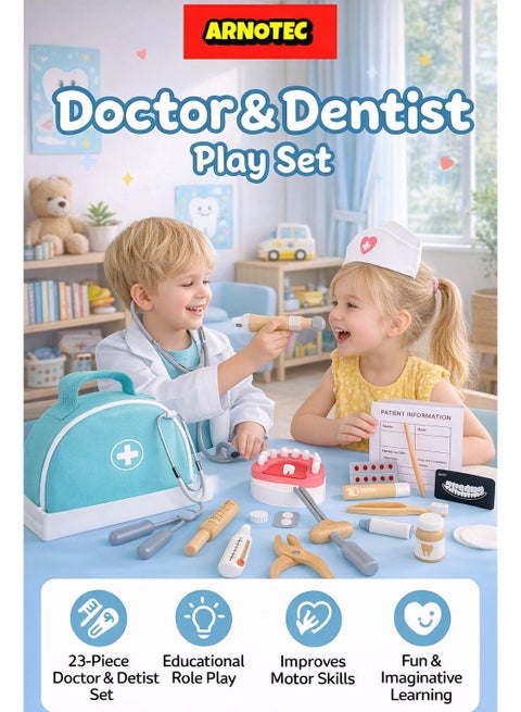 Doctor Kit for Kids – 23 PCS Pretend Play Medical & Dentist Toy Set with Wooden Tools, Stethoscope, Teeth Model, Syringe, Thermometer, Pill Bottles – Educational Role Play Toy for Toddlers & Boys Girls Ages 3+