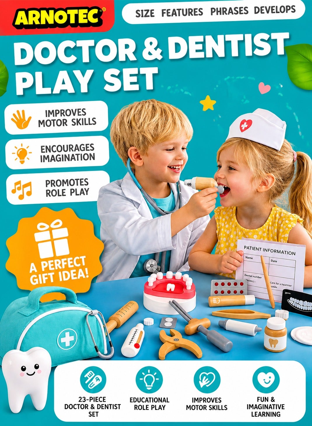 Doctor Kit for Kids – 23 PCS Pretend Play Medical & Dentist Toy Set with Wooden Tools, Stethoscope, Teeth Model, Syringe, Thermometer, Pill Bottles – Educational Role Play Toy for Toddlers & Boys Girls Ages 3+