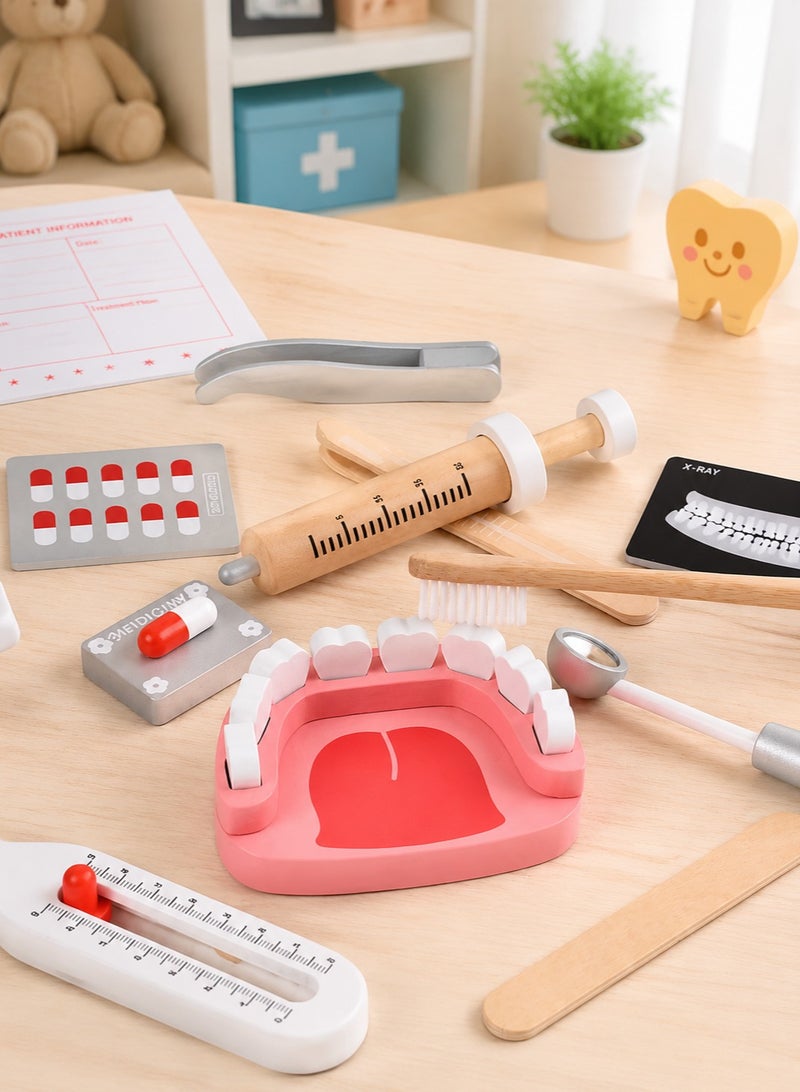 ARNOTEC Doctor Kit for Kids – 23 PCS Pretend Play Medical & Dentist Toy Set with Wooden Tools, Stethoscope, Teeth Model, Syringe, Thermometer, Pill Bottles – Educational Role Play Toy for Toddlers & Boys Girls Ages 3+ - Image 5