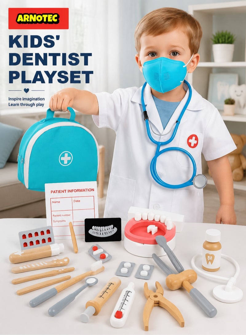 ARNOTEC Doctor Kit for Kids – 23 PCS Pretend Play Medical & Dentist Toy Set with Wooden Tools, Stethoscope, Teeth Model, Syringe, Thermometer, Pill Bottles – Educational Role Play Toy for Toddlers & Boys Girls Ages 3+ - Image 2