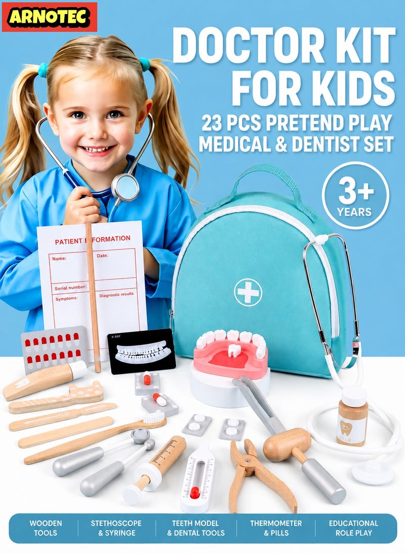 ARNOTEC Doctor Kit for Kids – 23 PCS Pretend Play Medical & Dentist Toy Set with Wooden Tools, Stethoscope, Teeth Model, Syringe, Thermometer, Pill Bottles – Educational Role Play Toy for Toddlers & Boys Girls Ages 3+ - Image 1